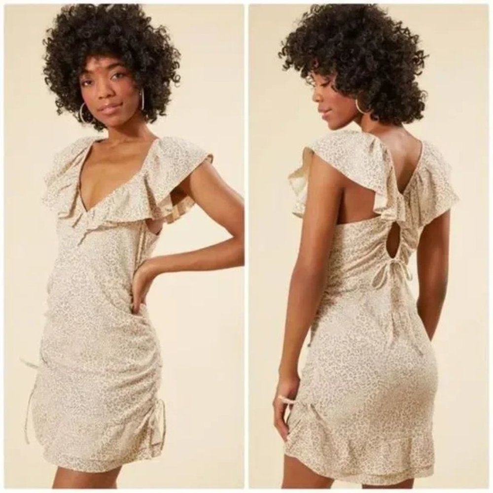 Mink Pink Halsey Summer Fall Chic Ruched Animal Print Mini Dress Natural